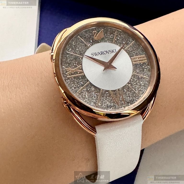 SWAROVSKI手錶,編號SW00023,35mm玫瑰金橢圓形精鋼錶殼,銀色中二針顯示, 碎鑽錶面,白真皮皮革錶帶款-細節圖2