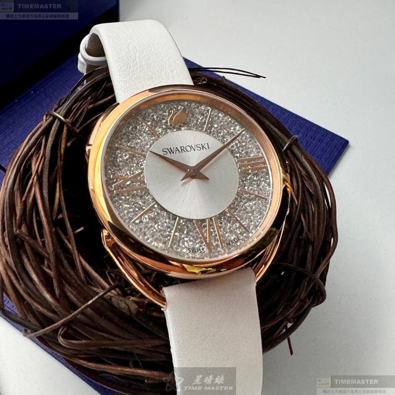 SWAROVSKI手錶,編號SW00023,35mm玫瑰金橢圓形精鋼錶殼,銀色中二針顯示, 碎鑽錶面,白真皮皮革錶帶款-細節圖3