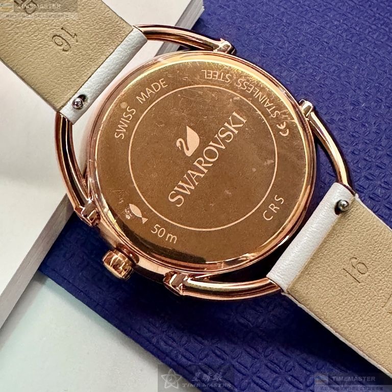 SWAROVSKI手錶,編號SW00023,35mm玫瑰金橢圓形精鋼錶殼,銀色中二針顯示, 碎鑽錶面,白真皮皮革錶帶款-細節圖4