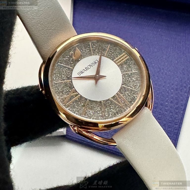 SWAROVSKI手錶,編號SW00023,35mm玫瑰金橢圓形精鋼錶殼,銀色中二針顯示, 碎鑽錶面,白真皮皮革錶帶款-細節圖6