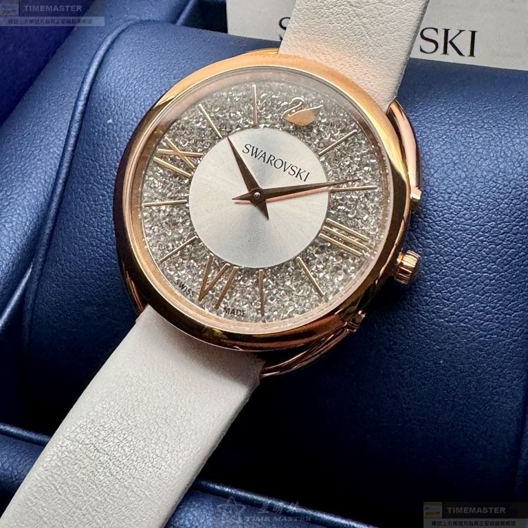 SWAROVSKI手錶,編號SW00023,35mm玫瑰金橢圓形精鋼錶殼,銀色中二針顯示, 碎鑽錶面,白真皮皮革錶帶款-細節圖8