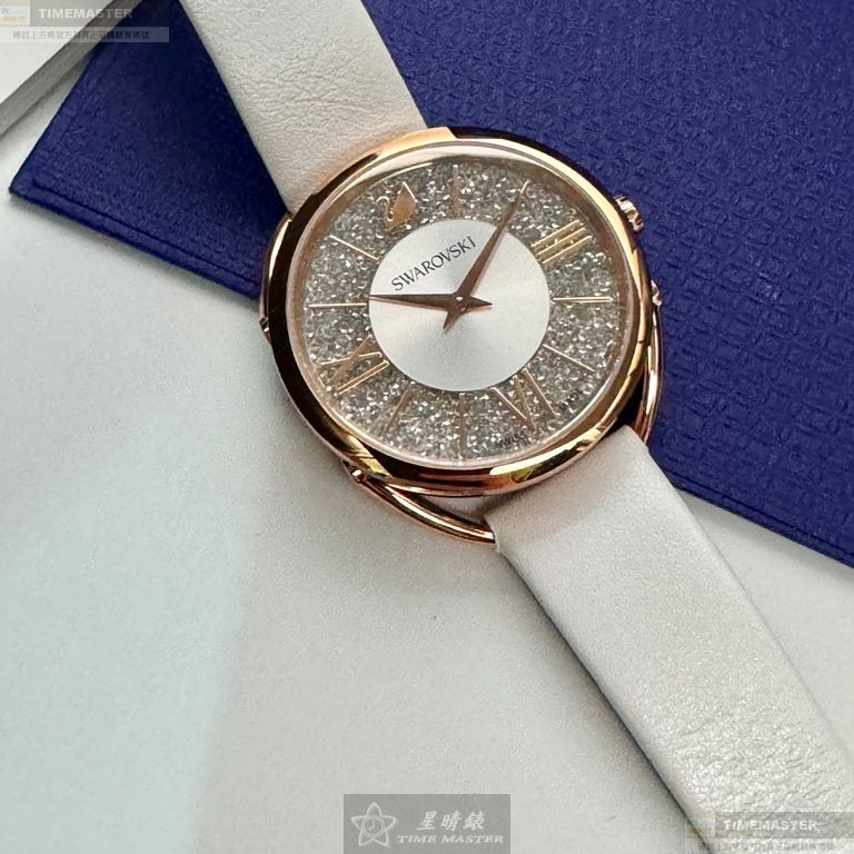 SWAROVSKI手錶,編號SW00023,35mm玫瑰金橢圓形精鋼錶殼,銀色中二針顯示, 碎鑽錶面,白真皮皮革錶帶款-細節圖9