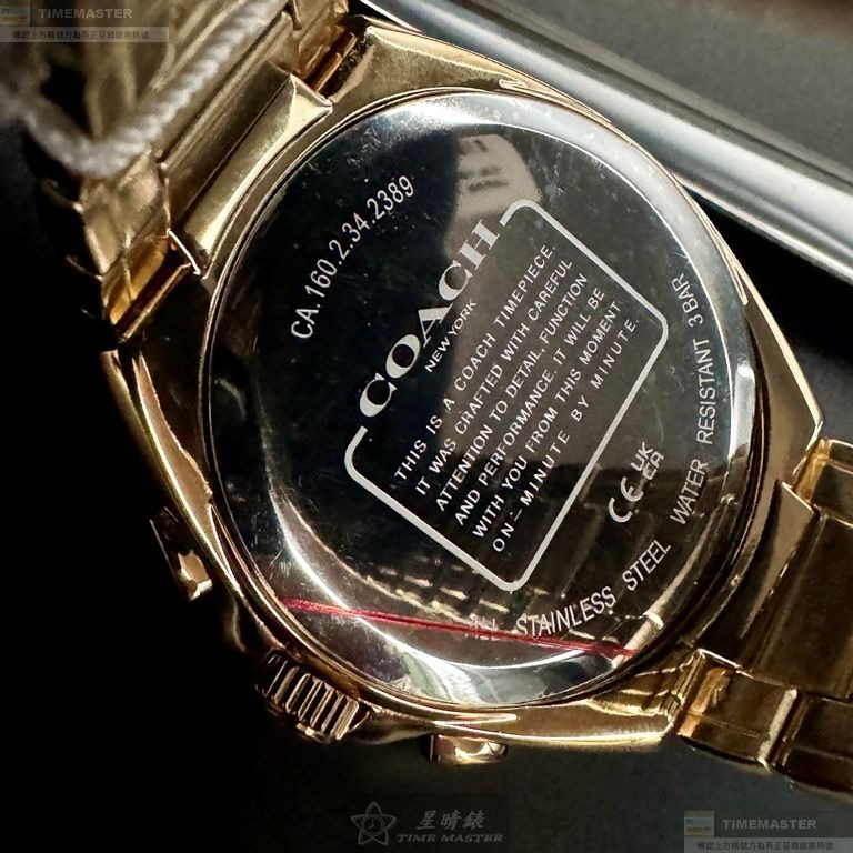 COACH手錶,編號CH00215,44mm金色圓形精鋼錶殼,墨綠色三眼, 中三針顯示錶面,金色精鋼錶帶款-細節圖5