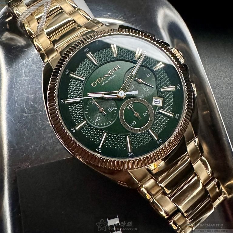 COACH手錶,編號CH00215,44mm金色圓形精鋼錶殼,墨綠色三眼, 中三針顯示錶面,金色精鋼錶帶款-細節圖7