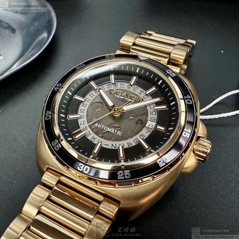 COACH手錶,編號CH00217,46mm金色圓形精鋼錶殼,雙面機械鏤空中三針顯示, 運動錶面,金色精鋼錶帶款-細節圖3