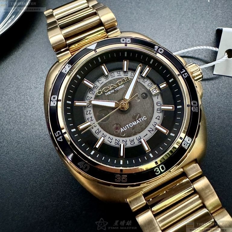 COACH手錶,編號CH00217,46mm金色圓形精鋼錶殼,雙面機械鏤空中三針顯示, 運動錶面,金色精鋼錶帶款-細節圖4