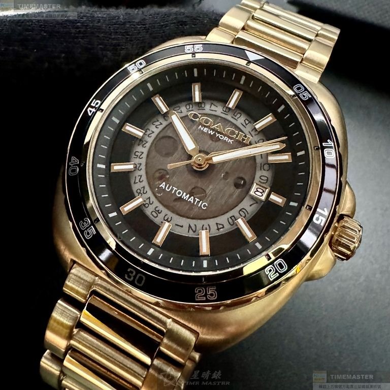 COACH手錶,編號CH00217,46mm金色圓形精鋼錶殼,雙面機械鏤空中三針顯示, 運動錶面,金色精鋼錶帶款-細節圖5