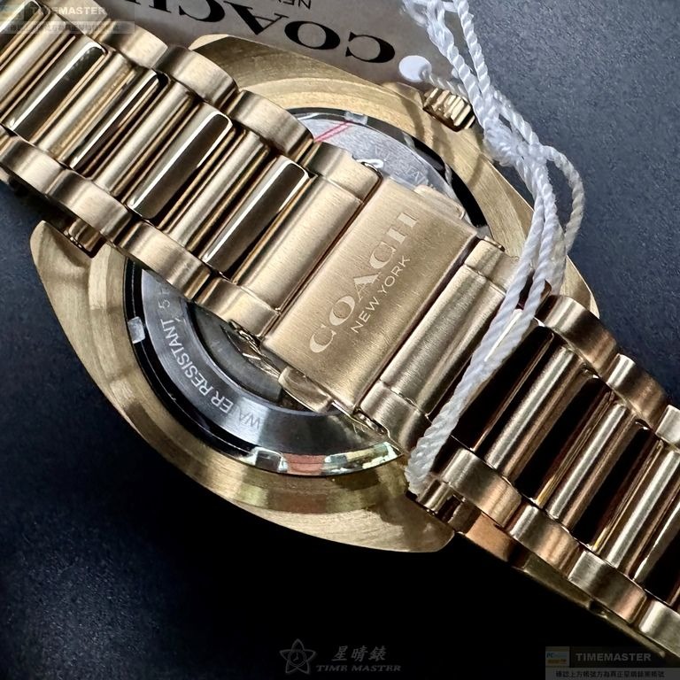 COACH手錶,編號CH00217,46mm金色圓形精鋼錶殼,雙面機械鏤空中三針顯示, 運動錶面,金色精鋼錶帶款-細節圖7