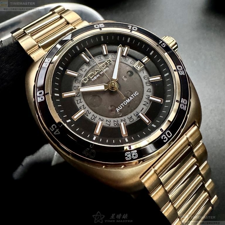 COACH手錶,編號CH00217,46mm金色圓形精鋼錶殼,雙面機械鏤空中三針顯示, 運動錶面,金色精鋼錶帶款-細節圖11