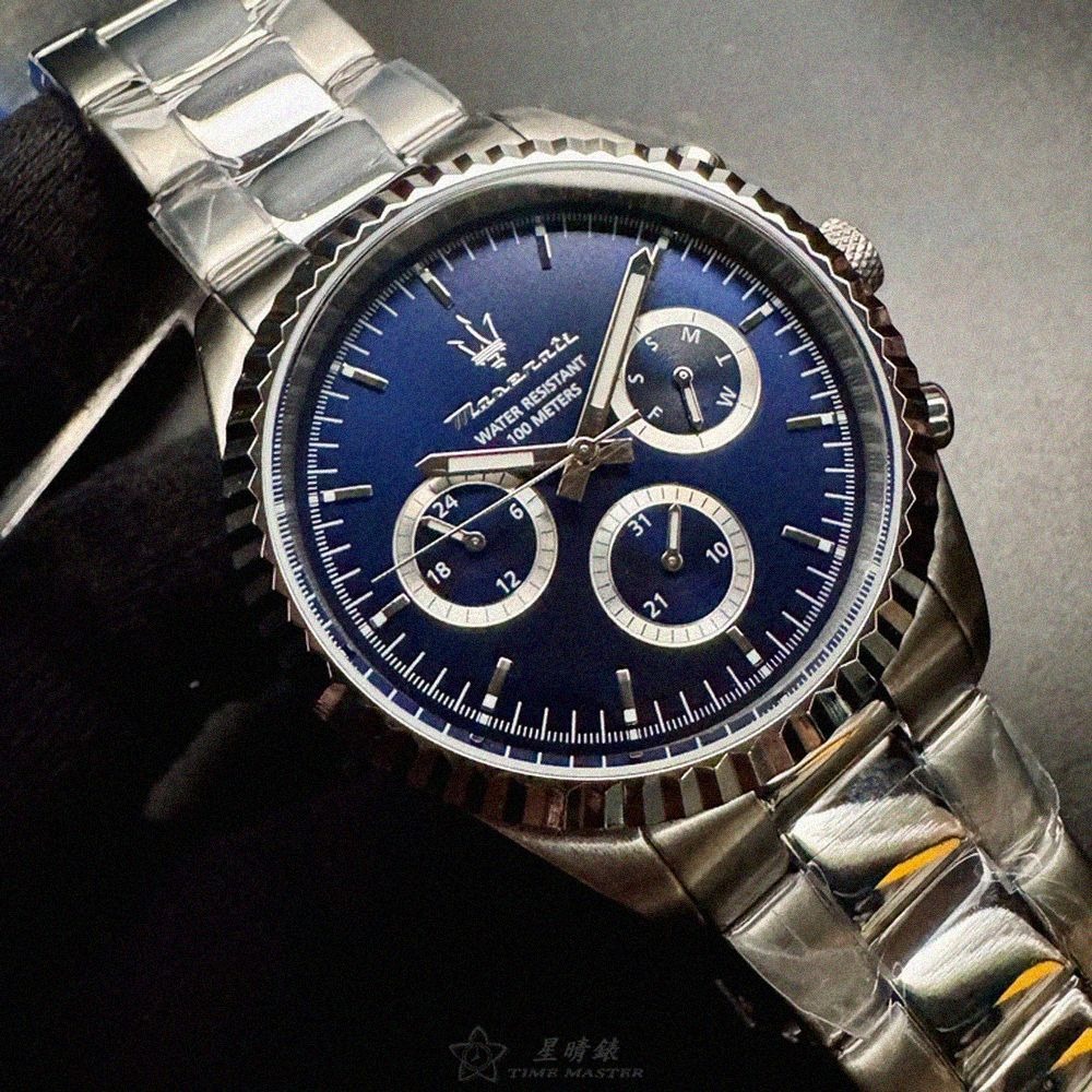 MASERATI手錶,編號R8853100022,44mm銀圓形精鋼錶殼,寶藍色三眼, 中三針顯示錶面,銀色精鋼錶帶款-細節圖3