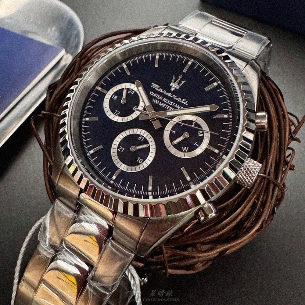 MASERATI手錶,編號R8853100022,44mm銀圓形精鋼錶殼,寶藍色三眼, 中三針顯示錶面,銀色精鋼錶帶款-細節圖5