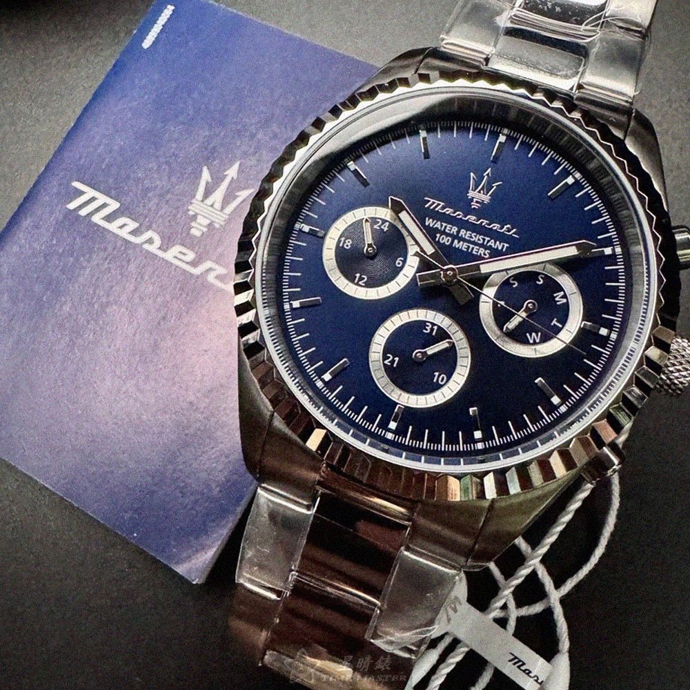 MASERATI手錶,編號R8853100022,44mm銀圓形精鋼錶殼,寶藍色三眼, 中三針顯示錶面,銀色精鋼錶帶款-細節圖9