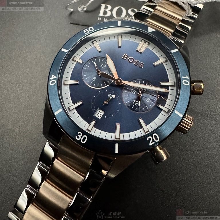 BOSS手錶,編號HB1513937,46mm寶藍圓形精鋼錶殼,寶藍色羅馬數字, 中三針顯示錶面,金銀相間精鋼錶帶款-細節圖8