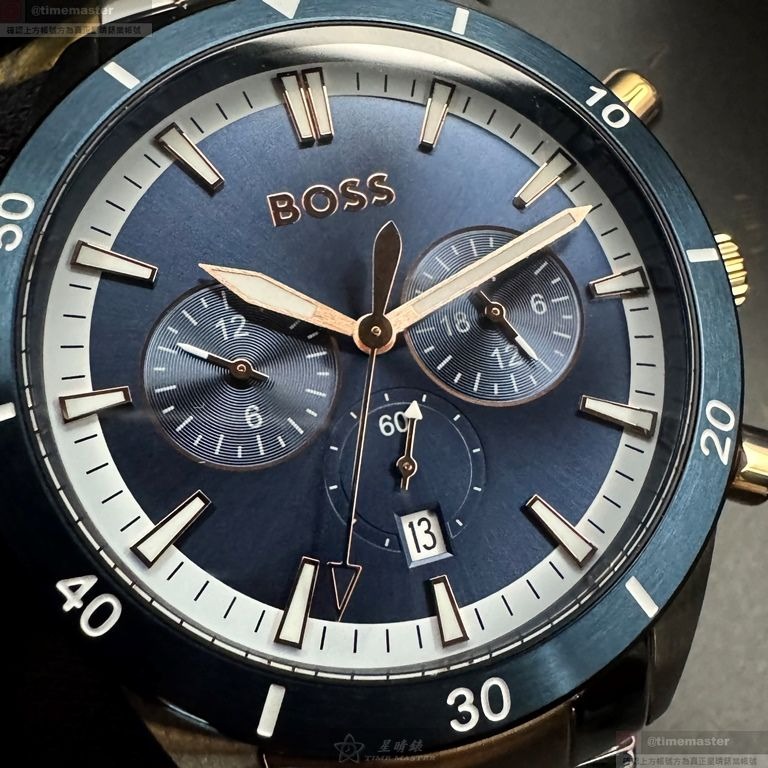 BOSS手錶,編號HB1513937,46mm寶藍圓形精鋼錶殼,寶藍色羅馬數字, 中三針顯示錶面,金銀相間精鋼錶帶款-細節圖9
