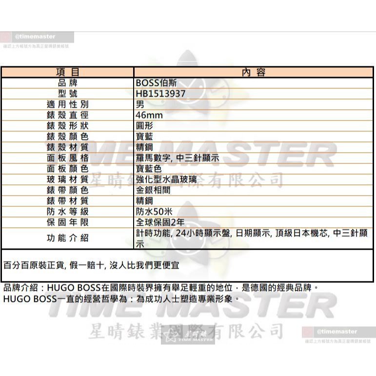 BOSS手錶,編號HB1513937,46mm寶藍圓形精鋼錶殼,寶藍色羅馬數字, 中三針顯示錶面,金銀相間精鋼錶帶款-細節圖10