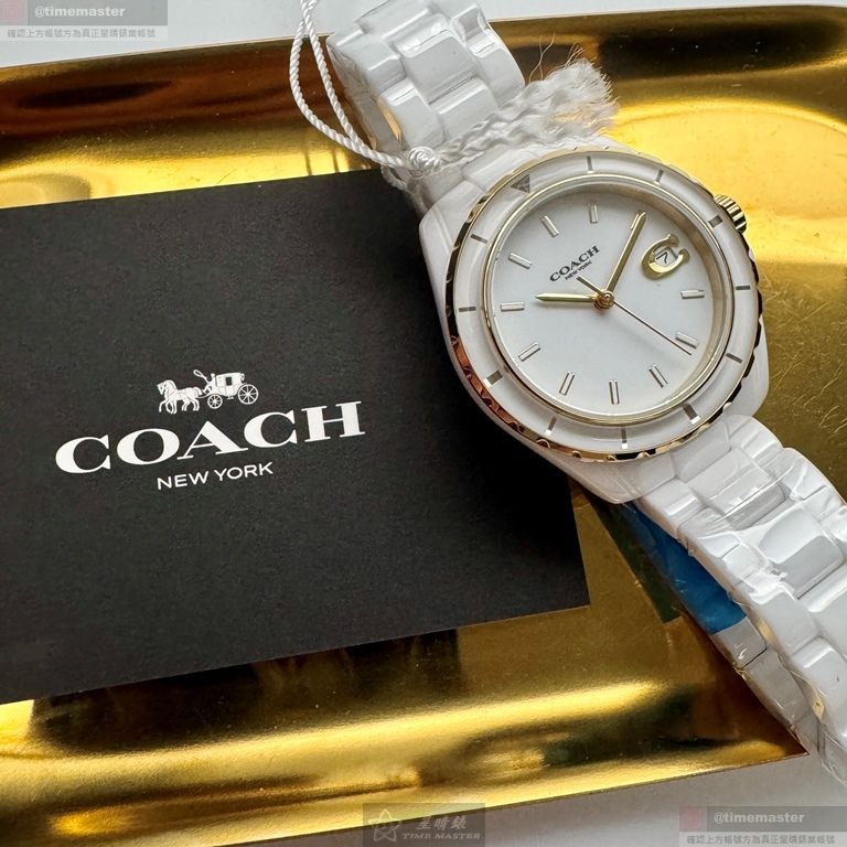COACH手錶,編號CH00270,34mm白圓形陶瓷錶殼,白色簡約, 中三針顯示, 同J12設計錶面,白陶瓷錶帶款-細節圖2