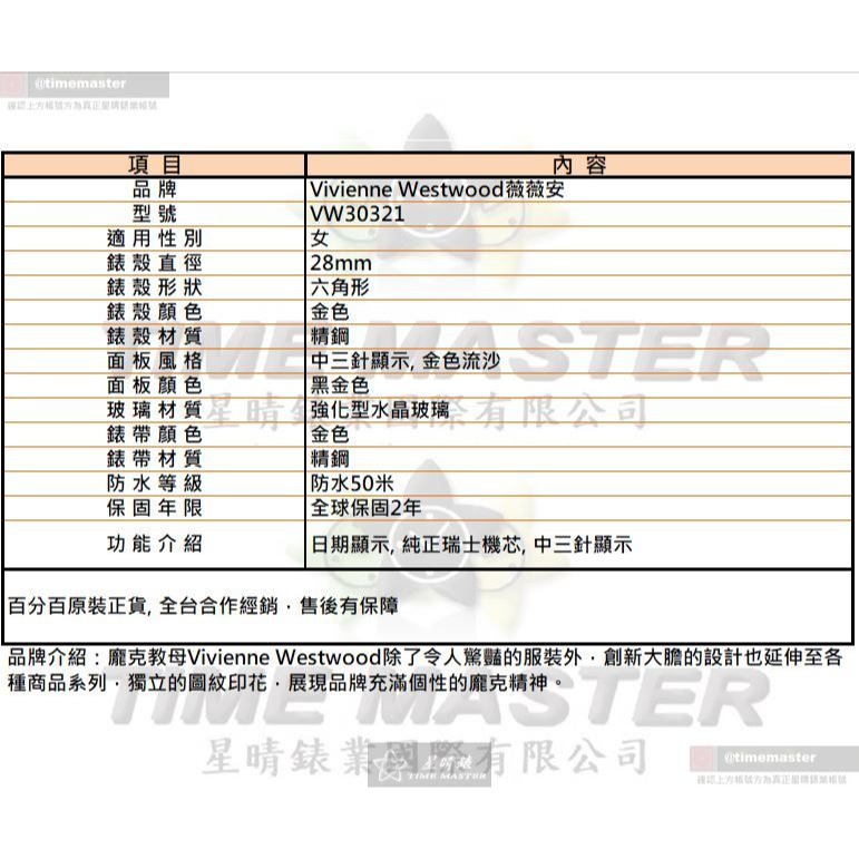 Vivienne Westwood手錶,編號VW30321,28mm金色錶殼,金色錶帶款-細節圖10