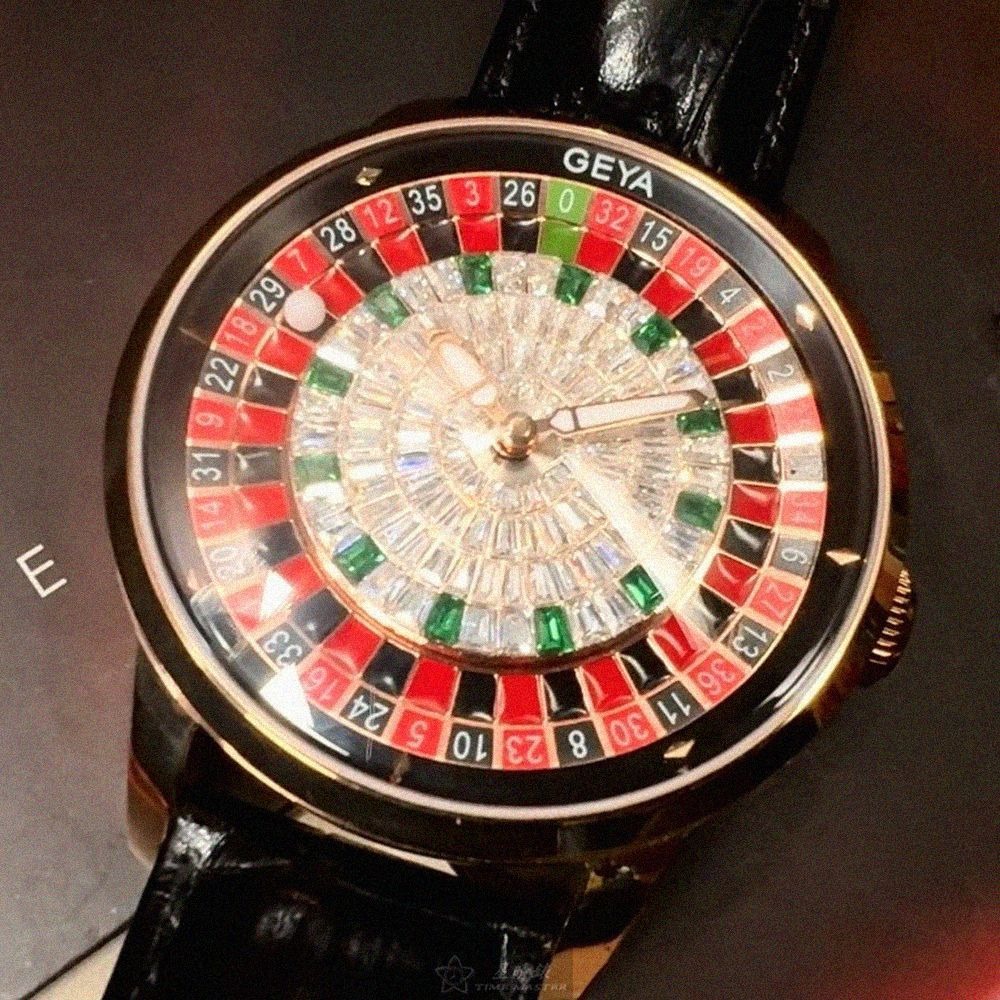 GEYA手錶,編號G78187GHKK,46mm玫瑰金圓形精鋼錶殼,彩色中二針顯示錶面,深黑色真皮皮革錶帶款-細節圖9