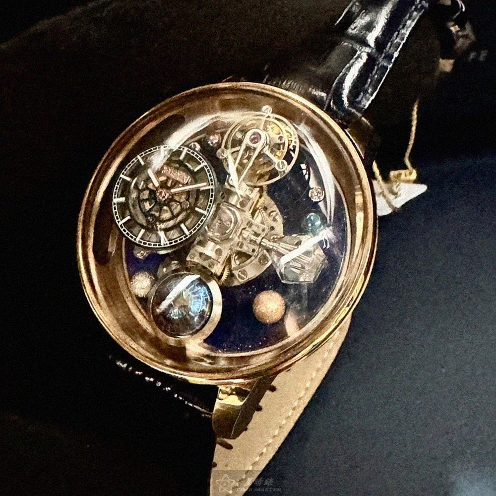 GEYA手錶,編號G78182GHB,46mm玫瑰金圓形精鋼錶殼,機械鏤空中二針顯示, 天體錶錶面,寶藍真皮皮革錶帶款-細節圖2
