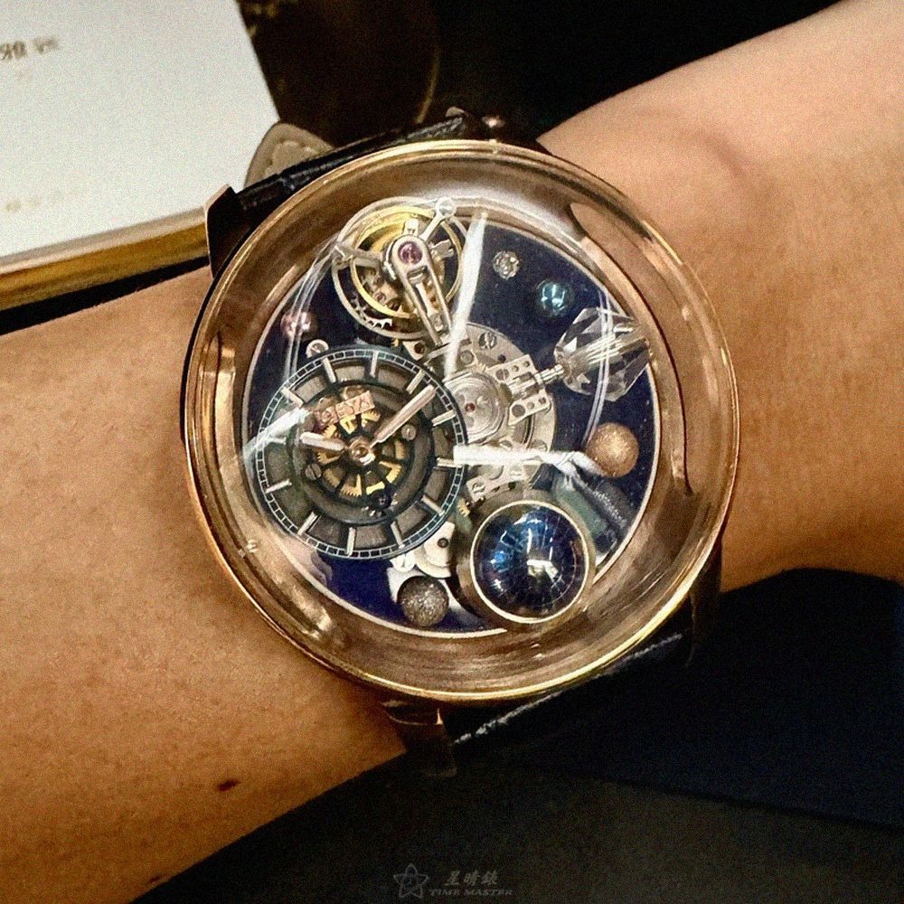 GEYA手錶,編號G78182GHB,46mm玫瑰金圓形精鋼錶殼,機械鏤空中二針顯示, 天體錶錶面,寶藍真皮皮革錶帶款-細節圖5