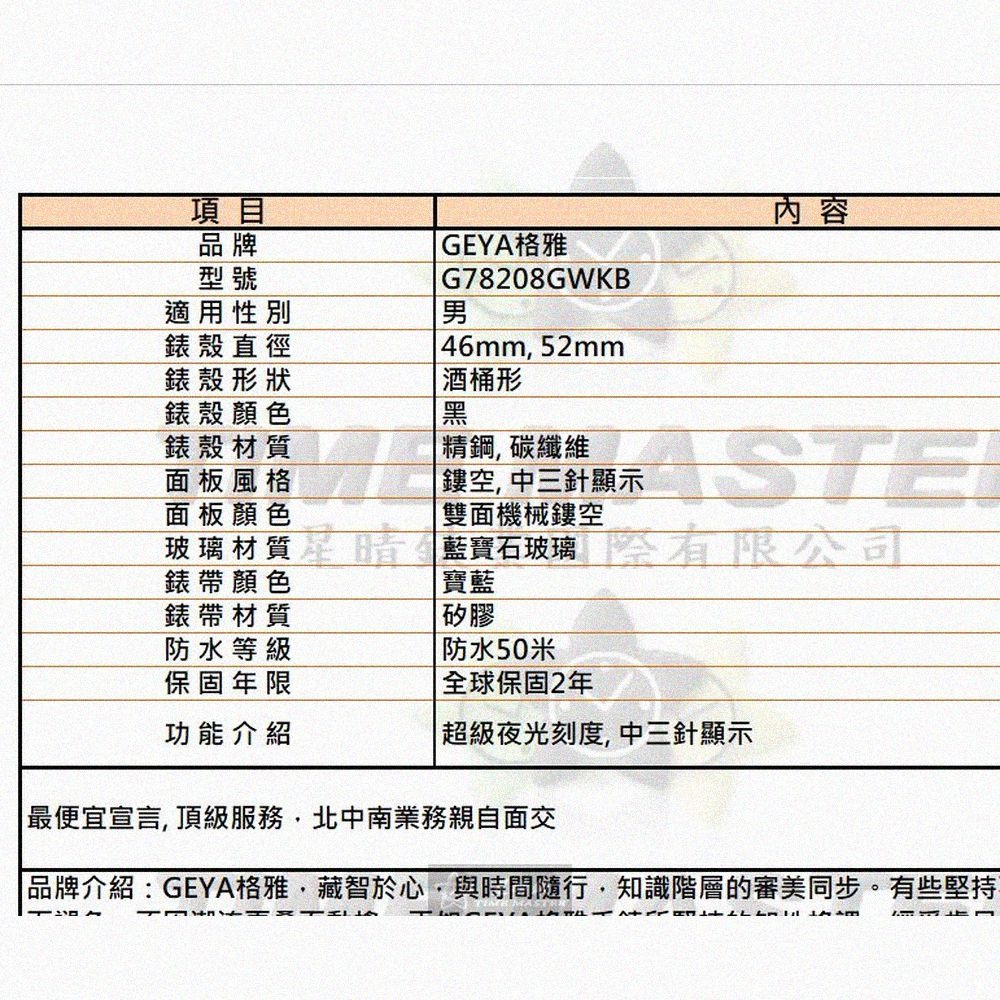 GEYA手錶,編號G78208GWKB,46mm, 52mm黑錶殼,寶藍錶帶款-細節圖10