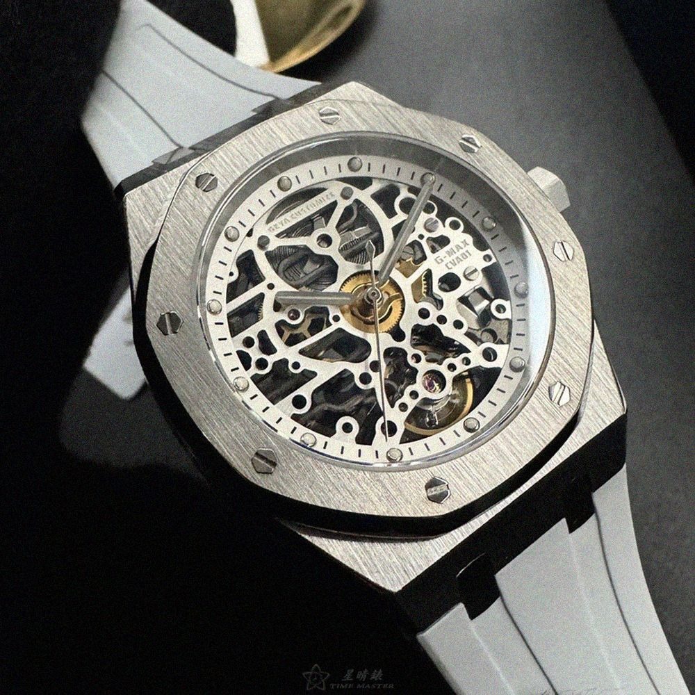 GEYA手錶,編號G78036GWWW,42mm銀八角形精鋼錶殼,雙面機械鏤空鏤空, 中三針顯示錶面,白矽膠錶帶款-細節圖3