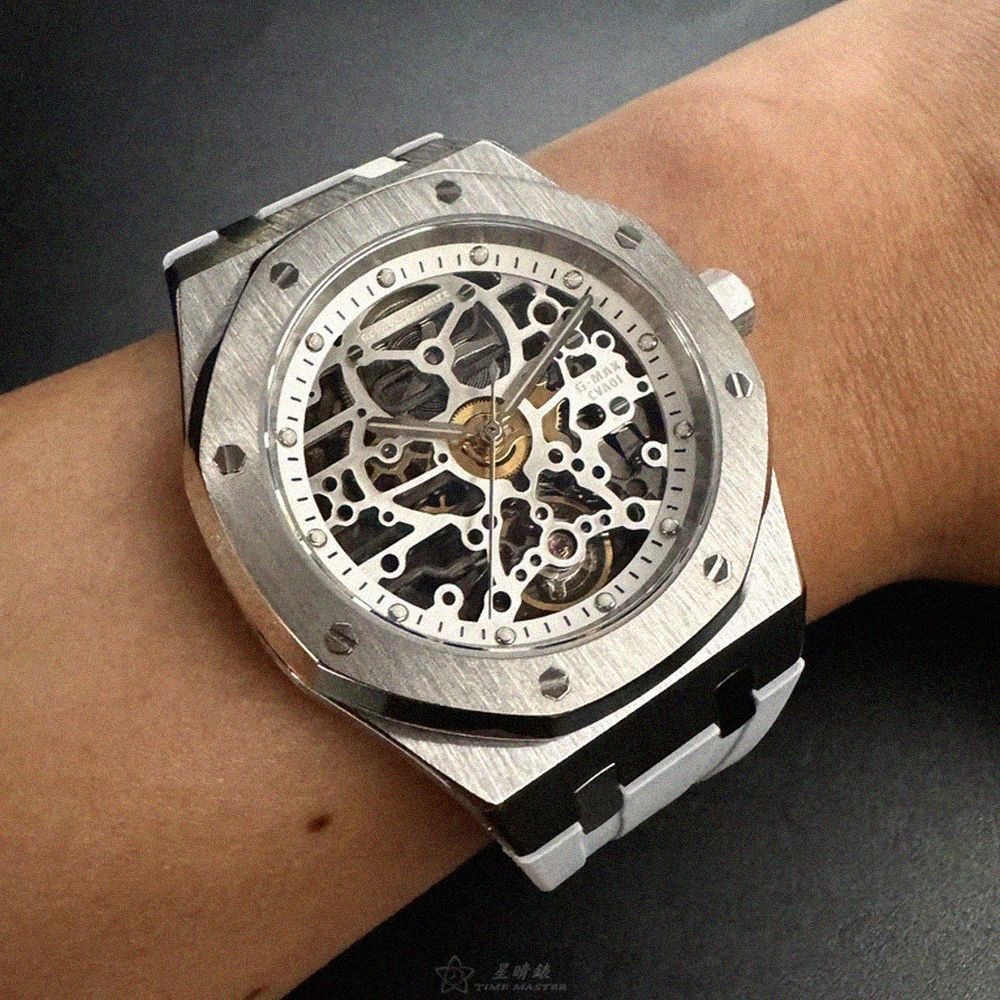 GEYA手錶,編號G78036GWWW,42mm銀八角形精鋼錶殼,雙面機械鏤空鏤空, 中三針顯示錶面,白矽膠錶帶款-細節圖6