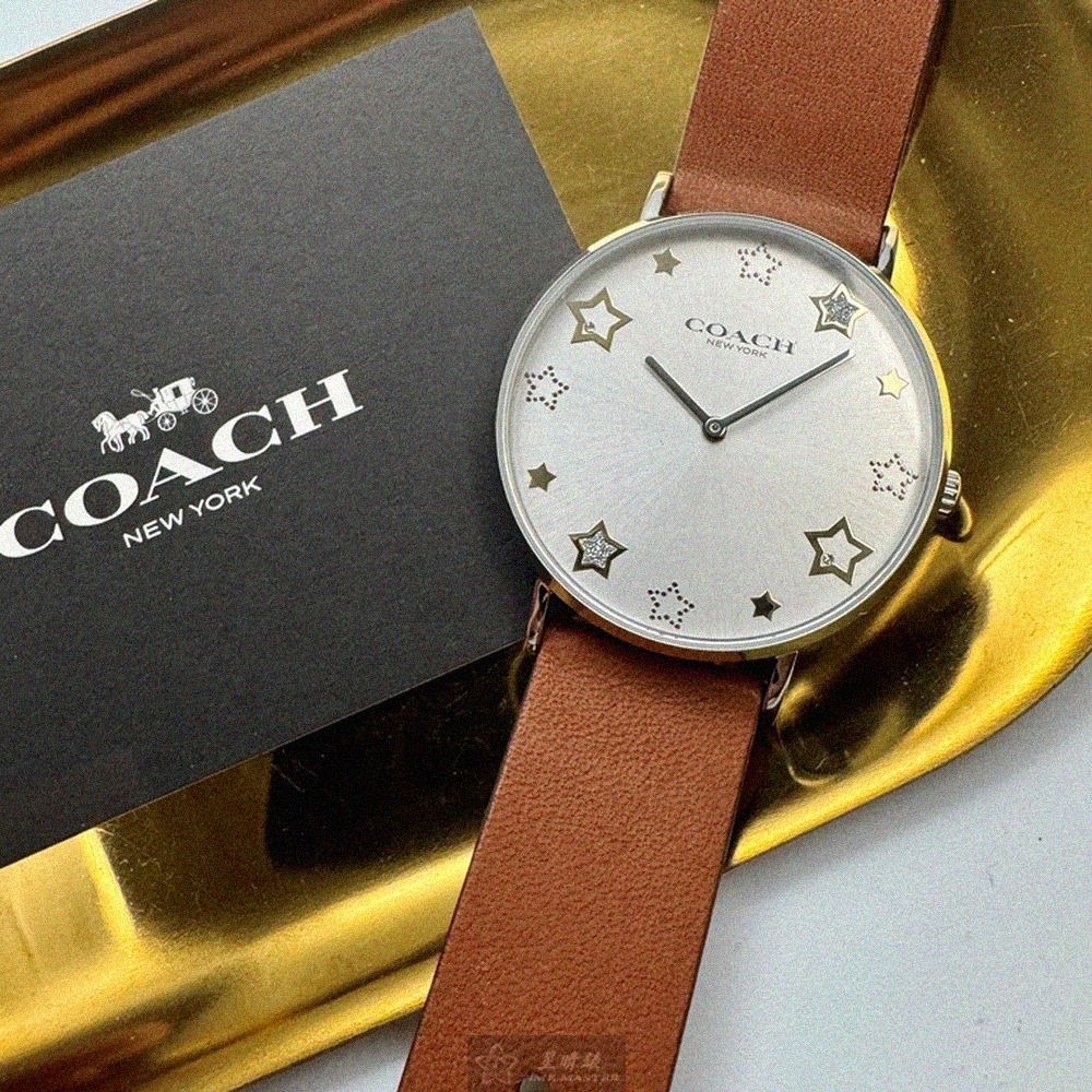COACH手錶,編號CH00284,36mm銀圓形精鋼錶殼,銀白色簡約, 星星錶面,咖啡色真皮皮革錶帶款,獨具匠心!-細節圖3