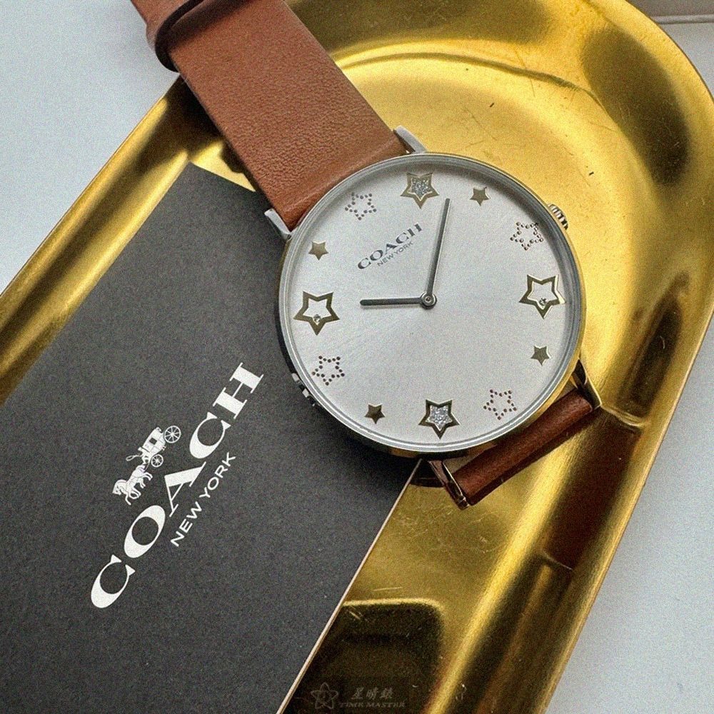 COACH手錶,編號CH00284,36mm銀圓形精鋼錶殼,銀白色簡約, 星星錶面,咖啡色真皮皮革錶帶款,獨具匠心!-細節圖4