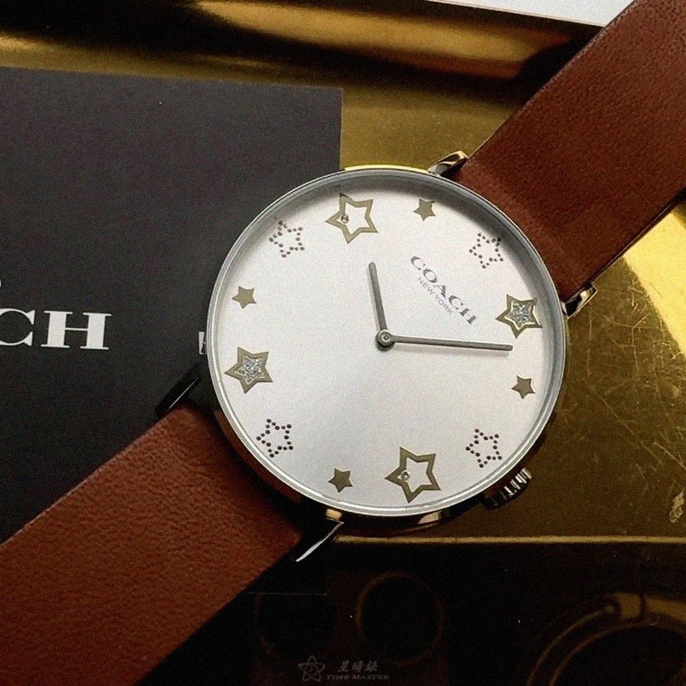 COACH手錶,編號CH00284,36mm銀圓形精鋼錶殼,銀白色簡約, 星星錶面,咖啡色真皮皮革錶帶款,獨具匠心!-細節圖8