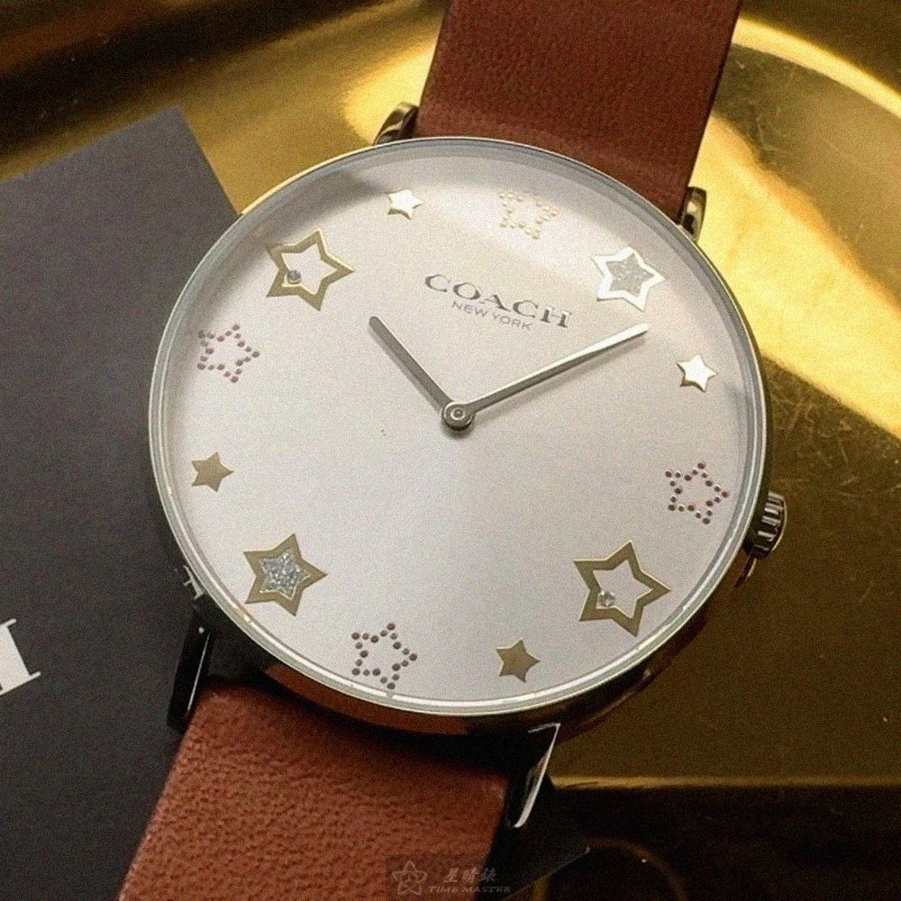 COACH手錶,編號CH00284,36mm銀圓形精鋼錶殼,銀白色簡約, 星星錶面,咖啡色真皮皮革錶帶款,獨具匠心!-細節圖9