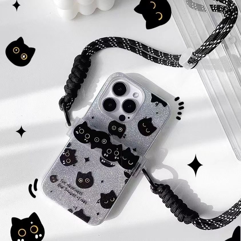 背夾式手機掛繩 手機斜背繩 手機吊飾 黑貓 貓咪手機掛繩（不含手機殼）-細節圖3