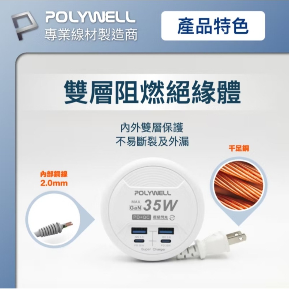POLYWELL 35W收納式快充頭 延長線 排插 4孔USB Type-C GaN氮化鎵 BSMI認證 便攜充電器-細節圖8