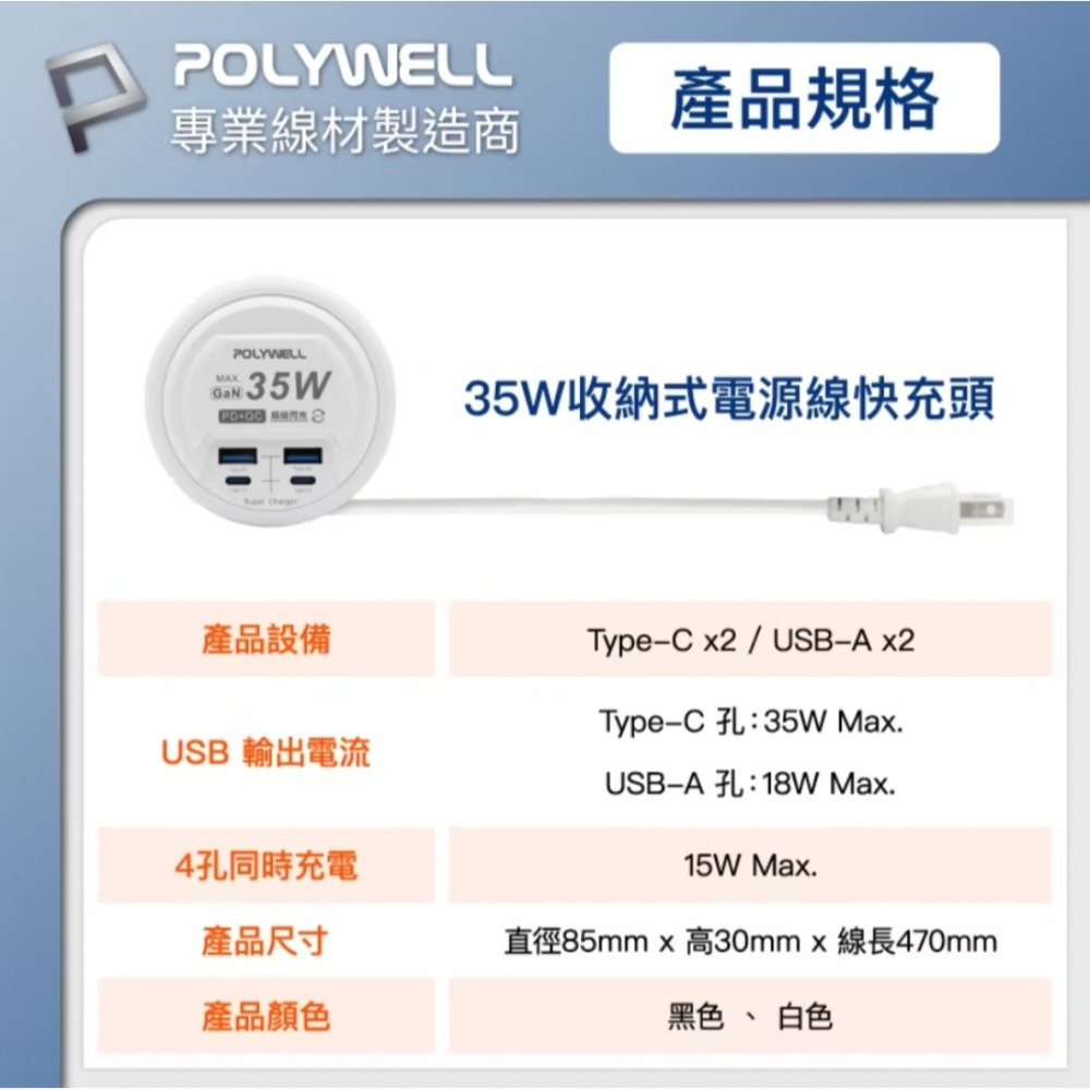 POLYWELL 35W收納式快充頭 延長線 排插 4孔USB Type-C GaN氮化鎵 BSMI認證 便攜充電器-細節圖10