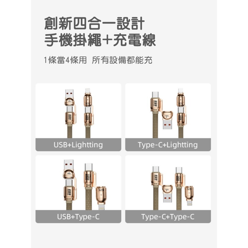 四合一240W數據線掛繩 手機掛繩 充電線二合一 可調長短 支援多設備快充 手機繩 快充線-細節圖7