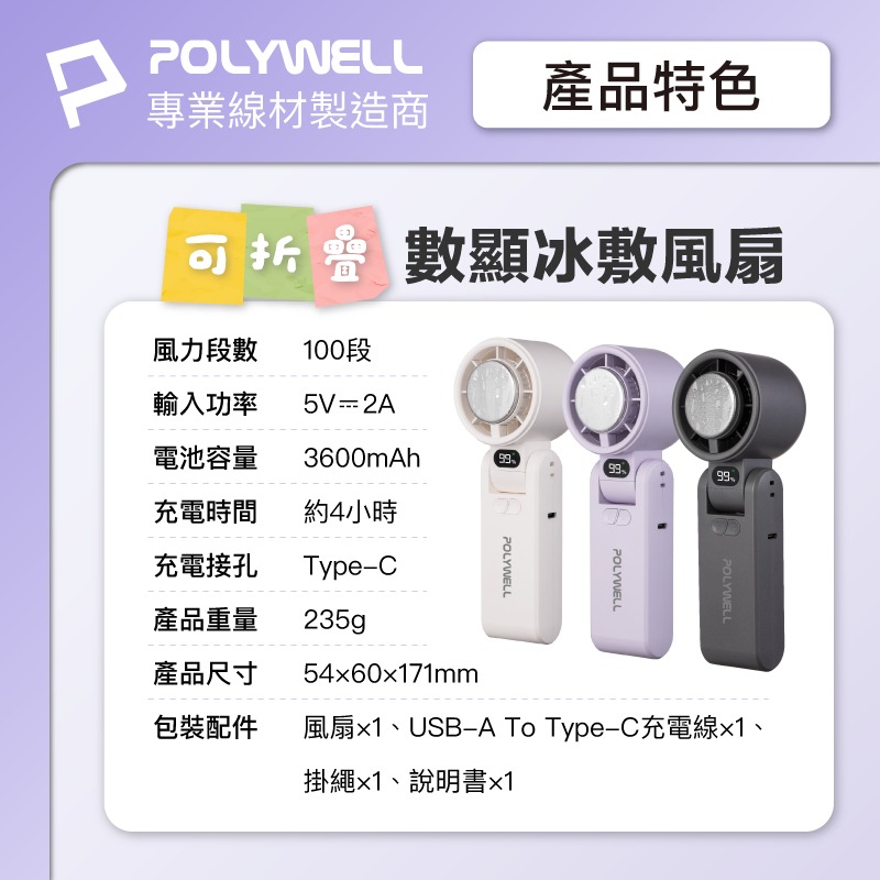 POLYWELL 折疊式數顯冰敷風扇 半導體冷敷降溫 100段風速 Type-C充電 附掛繩 夏天必備-細節圖9