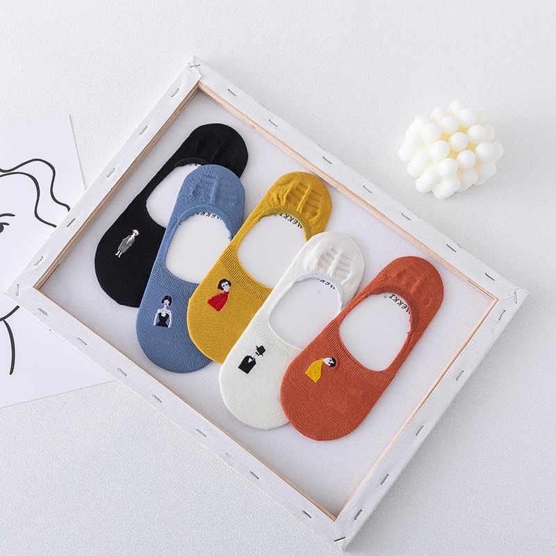 【台灣現貨】 襪子 襪子女 船形襪 韓系女孩刺繡隱形襪 簡約風女短襪 刺繡簡約棉襪  矽膠防脫落 踝襪-細節圖2