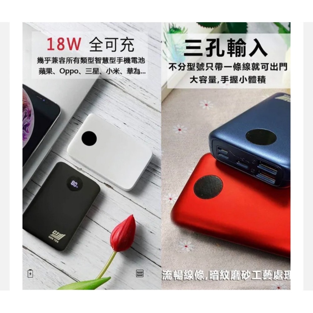 GENTEN✪GEN TEN 行動電源 T10000 QC3.0 PD充電10000MAH 白色✪-細節圖2