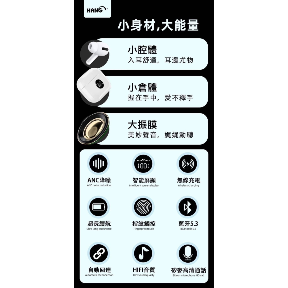 HANG 獨家專利 智能螢幕顯示 藍牙耳機 HiFi高音質/ANC降噪/無線充電-細節圖4
