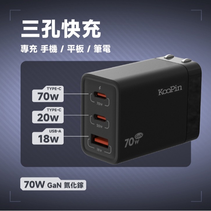 KooPinGaN氮化鎵70W 手機平板筆電快速充電器(2C1A)-細節圖3