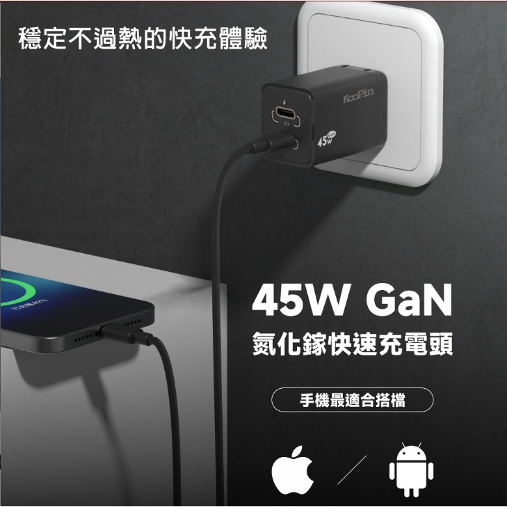 KooPin45W氮化鎵GaN 雙孔PD 極速充電器(雙PD旅充頭/雙孔Type-C)-細節圖2