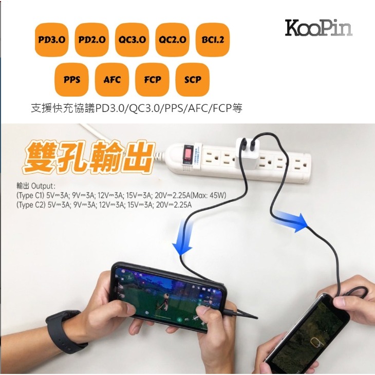 KooPin45W氮化鎵GaN 雙孔PD 極速充電器(雙PD旅充頭/雙孔Type-C)-細節圖3