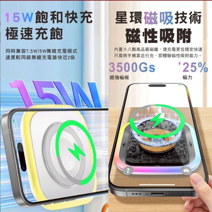KooPin炫彩LED三用磁吸15W無線充電器/充電盤(夜燈/手機/Watch/Airpods)-細節圖2