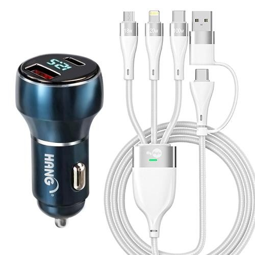 HANG H323 PD+QC 70W雙孔車充-藍+MyStyle 二出三 6用型快充線-白-細節圖3