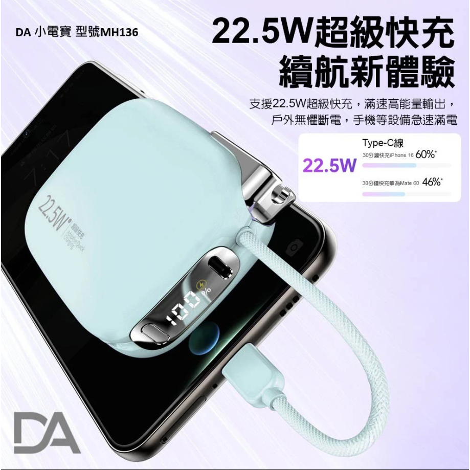 DA 22.5W超級快充 小電寶 10000mAh 自帶線行動電源(Type-C+Lightning 數位電量顯示)-細節圖4