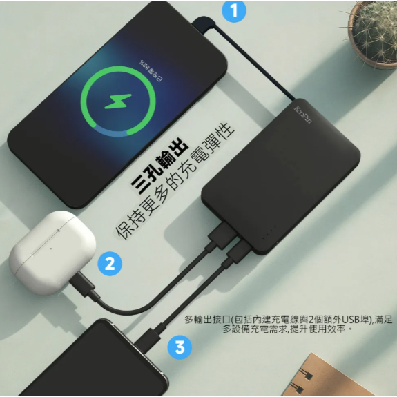 KooPin台灣製造 極簡風5000mAh 自帶線Type-C行動電源-細節圖3
