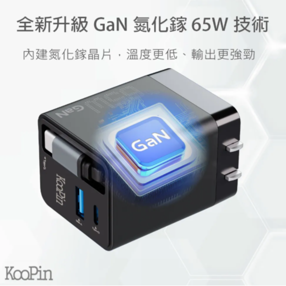 KooPin台灣製造 65W氮化鎵 自帶Type-C伸縮線 三輸出快速充電器(支援PD、QC快充)-細節圖5