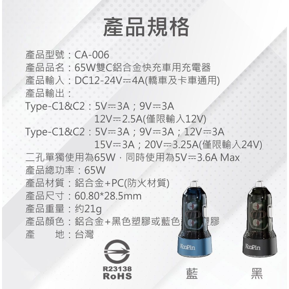 Koopin 65w雙TypeC 車充-細節圖8
