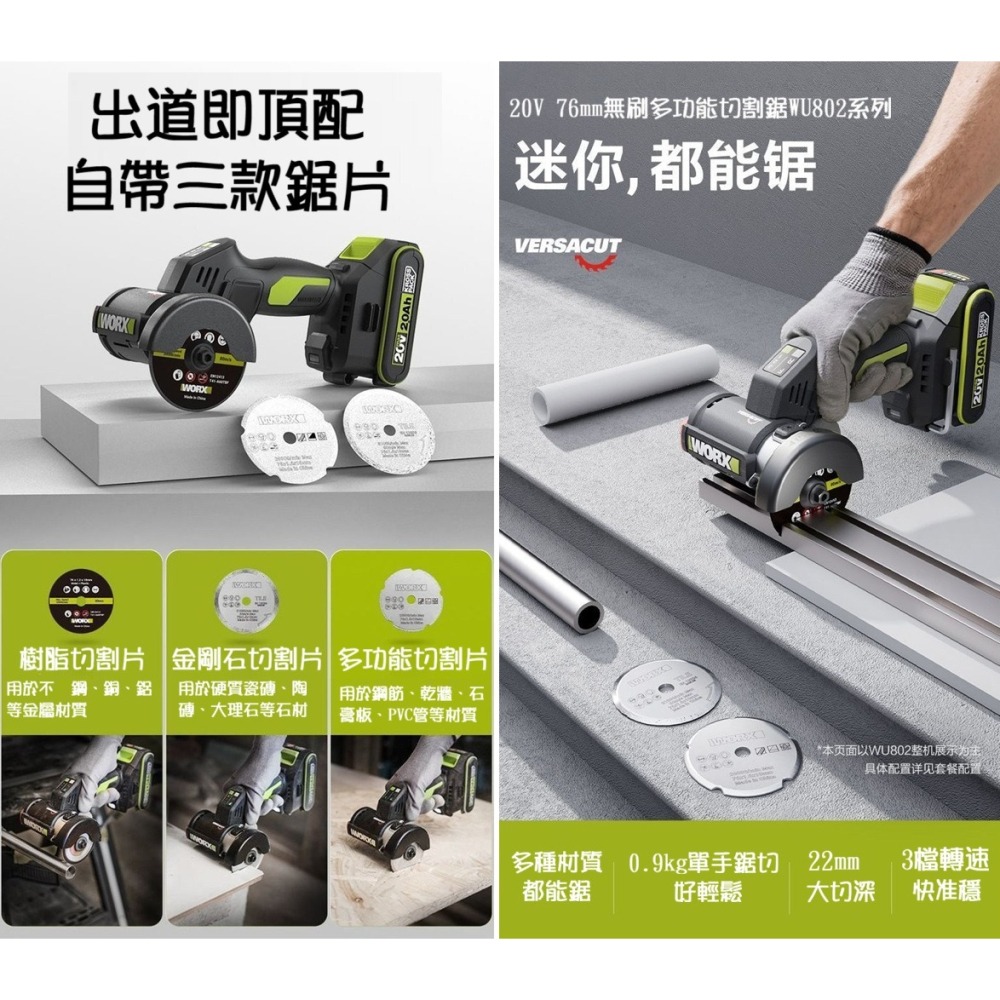 【現貨】威克士小鷹鋸 WU802 多功能迷你電動角磨機 3吋 無刷磨光機 小型切割機 美縫 切割鋸-細節圖3
