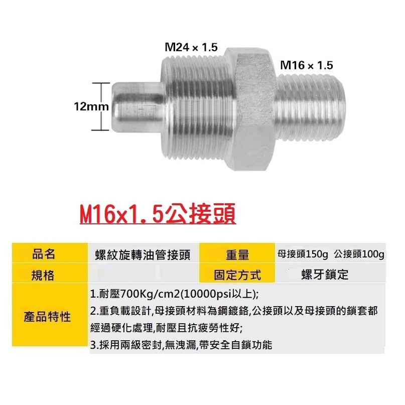【現貨】油壓配件快速接頭 液壓 高壓油管 公接頭 or 母接頭 M16*1.5 外螺紋 千斤頂-細節圖3